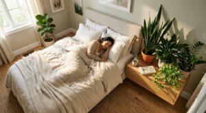 A high-angle, editorial-style photograph of a cozy, modern bedroom featuring a lush collection of ai