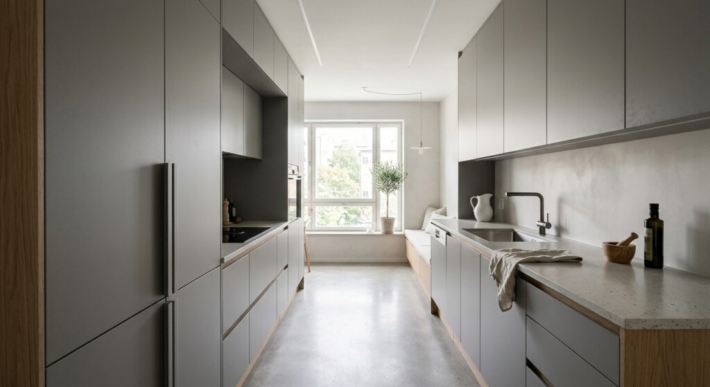 A sleek, modern kitchen galley with integrated appliances hidden behind minimalist, handleless cabin
