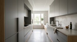A sleek, modern kitchen galley with integrated appliances hidden behind minimalist, handleless cabin