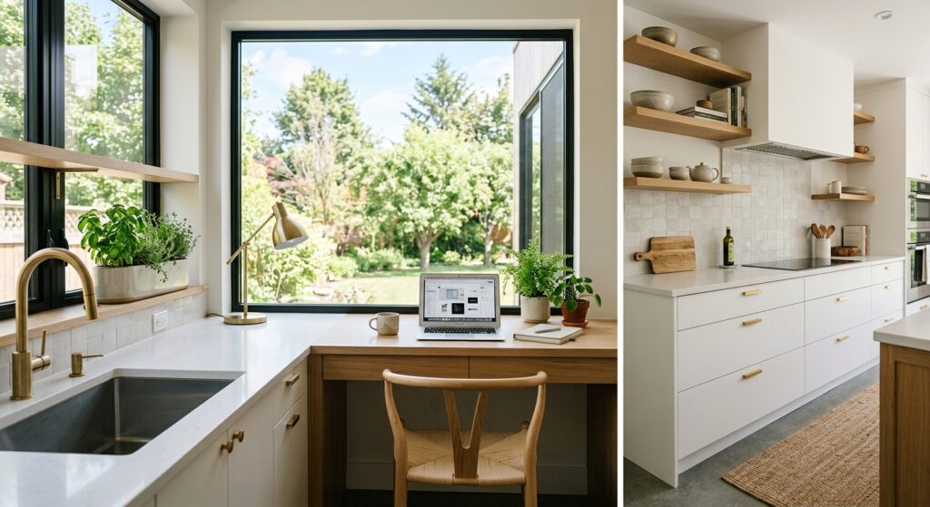 A bright, modern kitchen interior featuring a sleek, functional workspace integrated perfectly with