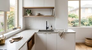 A modern, minimalist corner kitchen layout featuring a sleek, integrated sink installed in a small,
