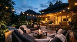 A cozy, modern backyard patio at twilight, illuminated by elegant warm string lights and soft landsc