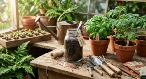 A high-angle, professional editorial shot of a gardening scene featuring a glass jar of organic comp