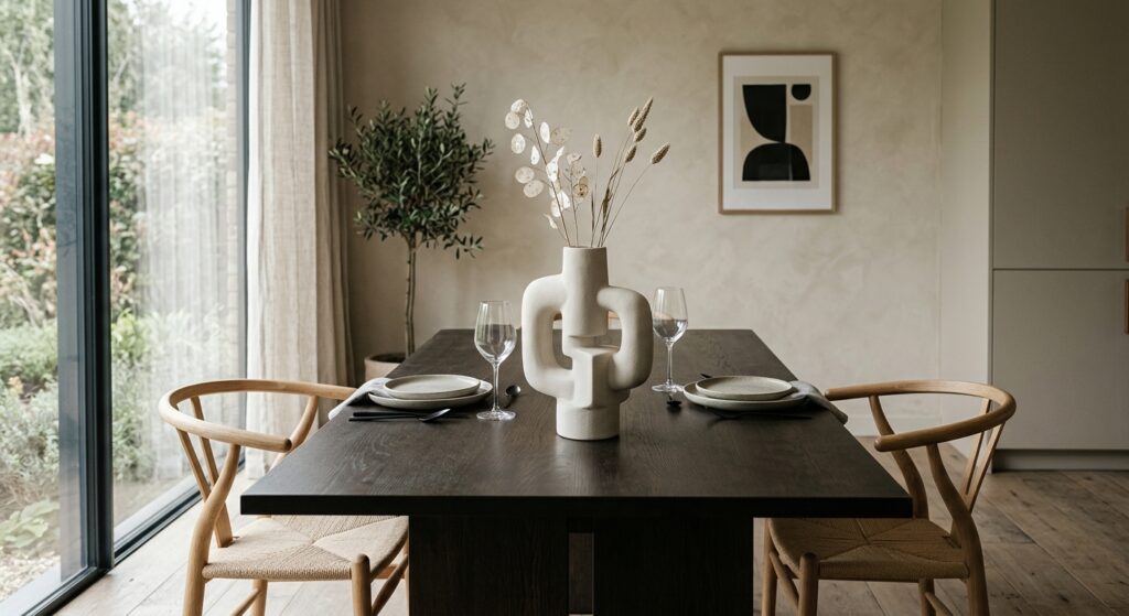 A sleek, minimalist dining room featuring a matte ceramic vase with modern sculptural shapes, styled