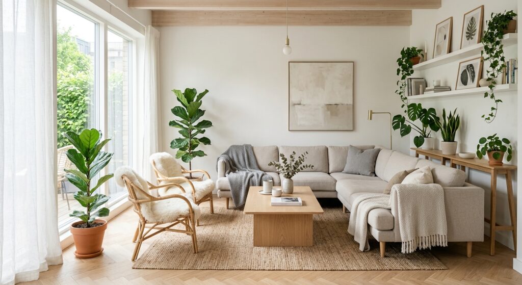 A bright, airy, and minimalist small living room interior bathed in natural sunlight, featuring a li