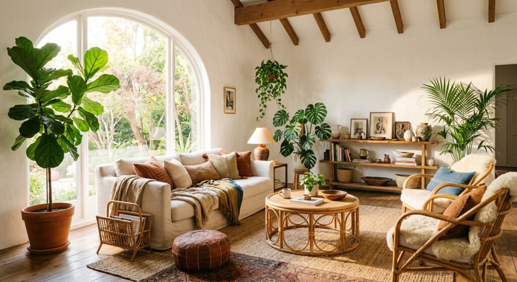 A professional editorial photograph of a bright, sun-drenched living room with boho interior design,