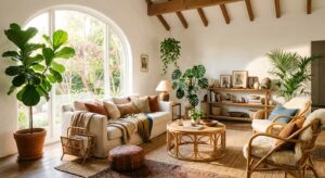 A professional editorial photograph of a bright, sun-drenched living room with boho interior design,