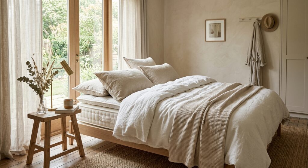 A high-end, editorial-style photograph of a minimalist, cozy bedroom featuring a luxurious, plush ma