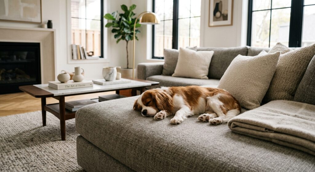 A high-end editorial interior shot of a stylish, modern living room featuring a cozy fabric sofa wit