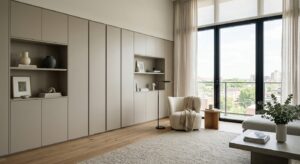 A professional, editorial-style interior design photograph of a modern, minimalist apartment featuri