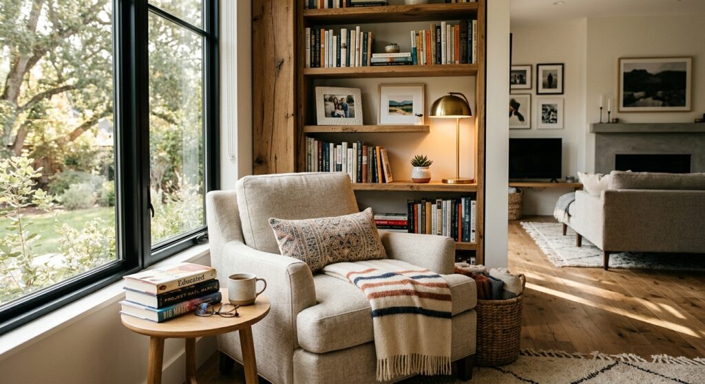 A cozy, sunlit reading nook tucked into the corner of a stylish modern living room, featuring a comf