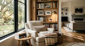 A cozy, sunlit reading nook tucked into the corner of a stylish modern living room, featuring a comf