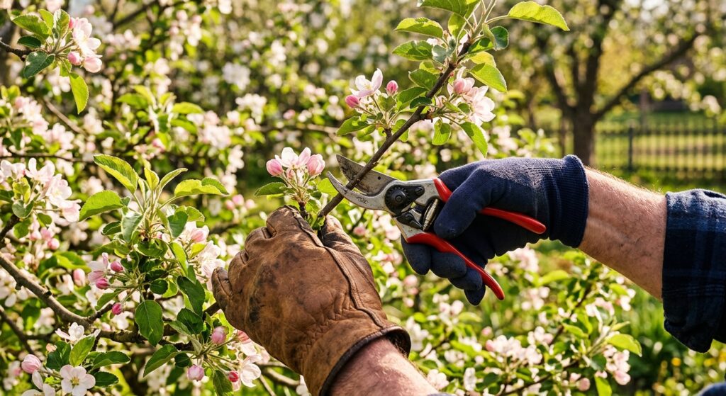 A professional, editorial-style close-up of a gardener’s hands using high-quality pruning shears to