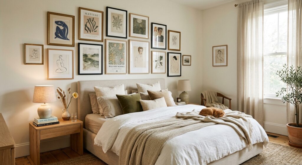 A serene and stylish bedroom interior featuring a curated gallery wall with elegant framed art above