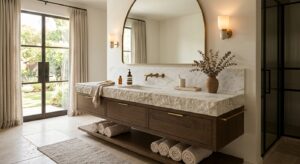 A high-end, editorial-style interior design shot featuring a luxurious bathroom vanity with a clean