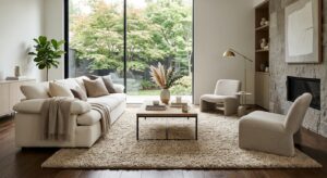 A high-end editorial interior design shot featuring a modern, minimalist living room with a cozy tex