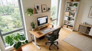 A top-down or wide-angle editorial shot of a modern, organized home office workspace with ergonomic