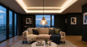 A sophisticated interior design shot contrasting a stylish pendant lamp hanging over a cozy sofa wit