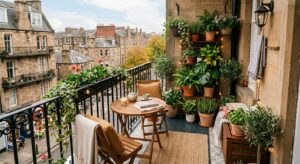 A high-angle, professional editorial shot of a cozy, stylishly furnished small balcony terrace featu