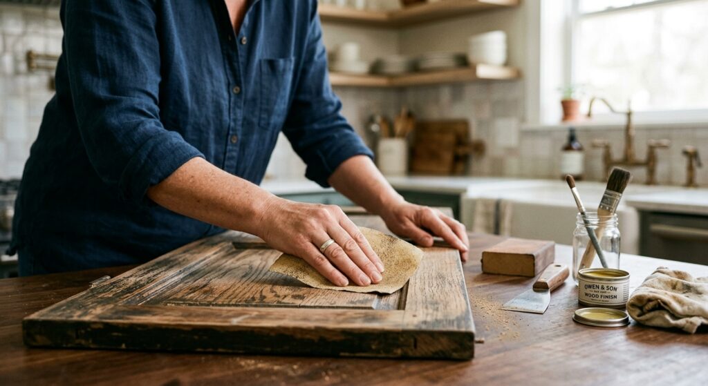 A professional, editorial-style close-up of a person's hands using sandpaper on a vintage wooden kit