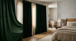 A high-end, editorial-style photograph of heavy, elegant velvet curtains draped in a cozy modern bed