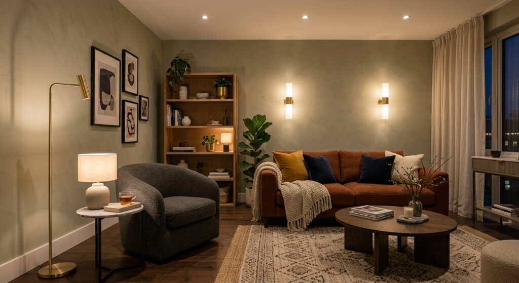 A professional, editorial-style photo of a cozy, small modern living room featuring layered warm lig