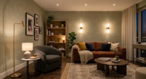 A professional, editorial-style photo of a cozy, small modern living room featuring layered warm lig